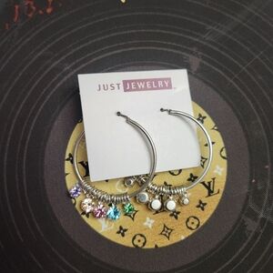 Silver Hoop Earrings with Multicolor Charms nwt